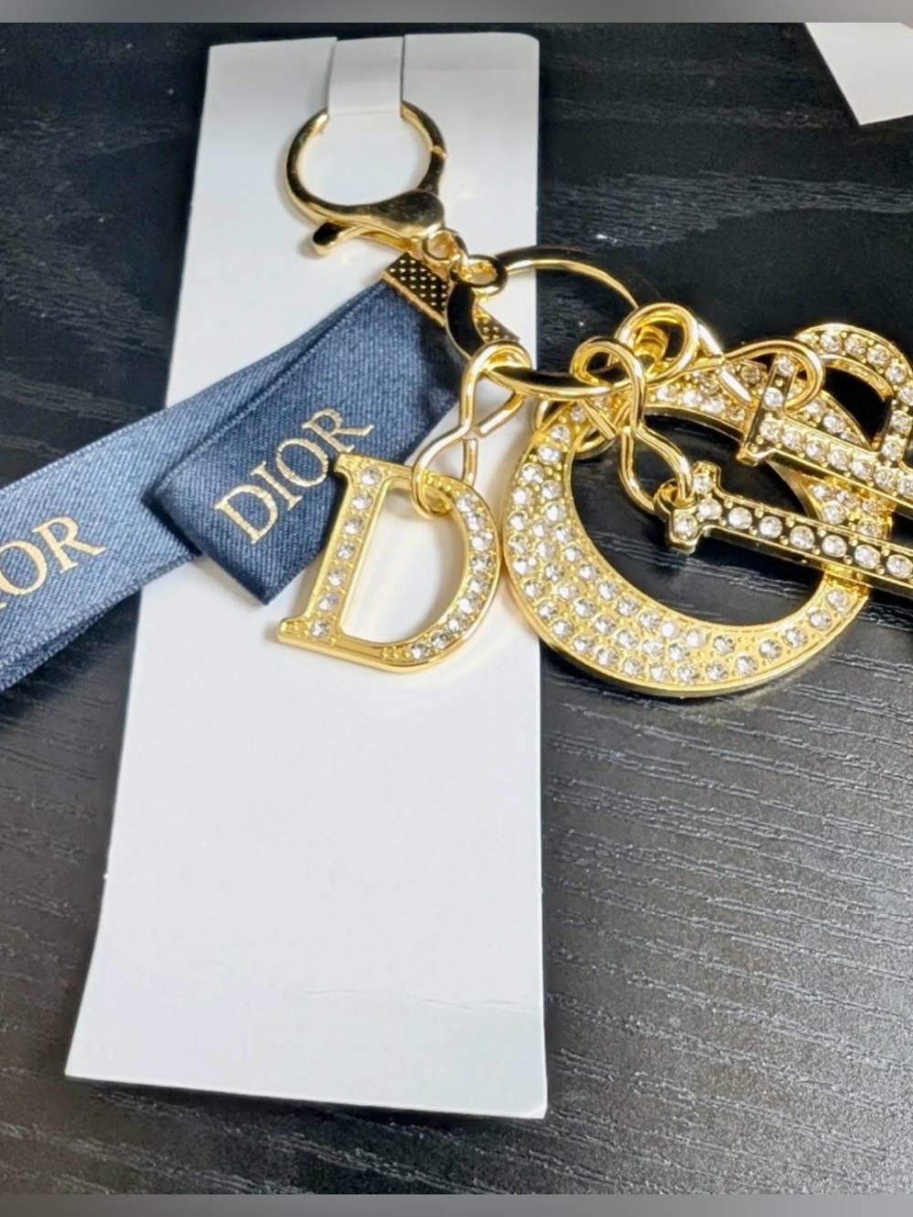 DIOR Gold Rhinestone-Studded Bag  Charm Key Holder with Navy Ribbon GWP NWB - Picture 9 of 11